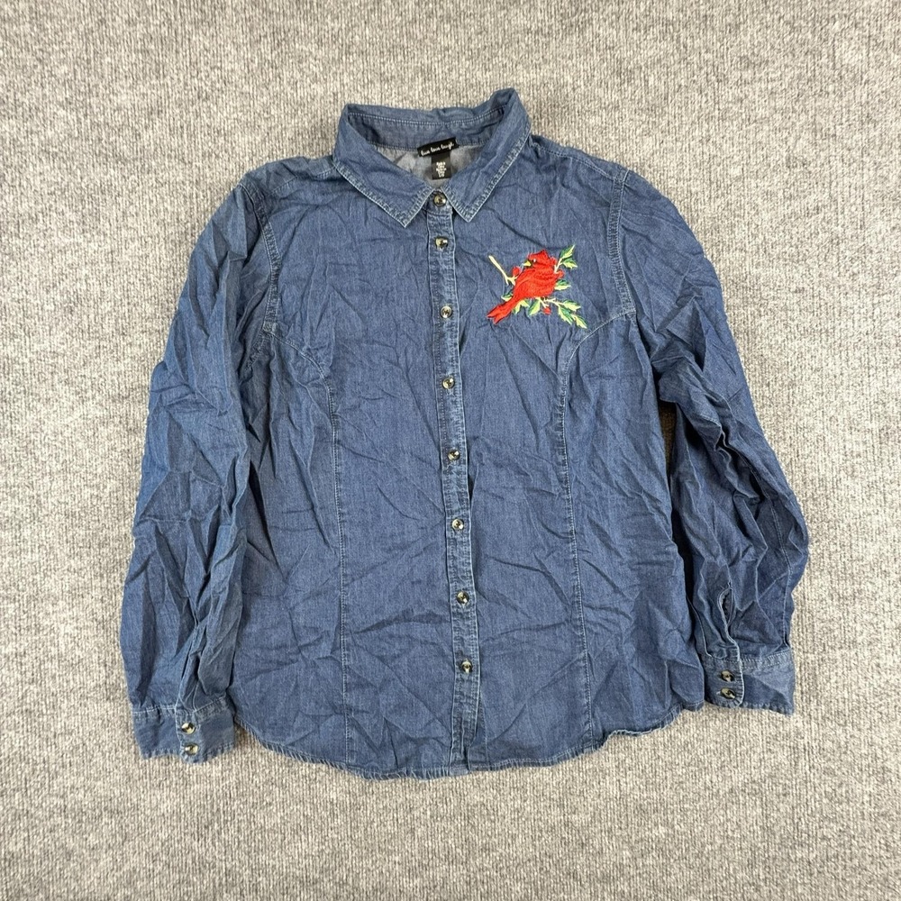 Trilogy By Morning Sun Shirt Womens Large Blue Denim Cardinal Bird Embroidered